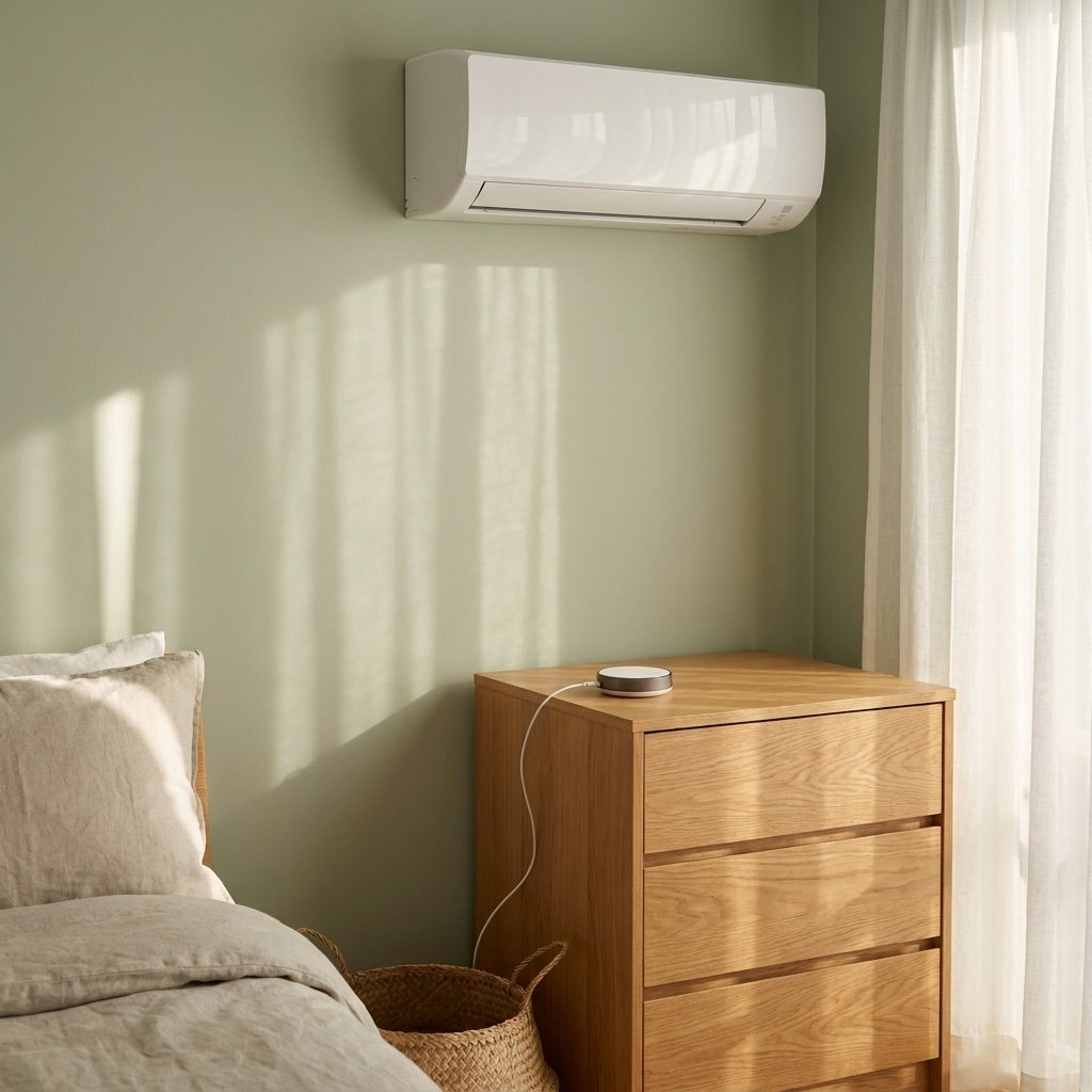 Boîtier infrarouge rond posé sur une commode sous le climatiseur mural d'une chambre