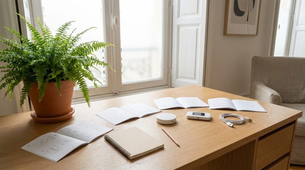 Bureau en chêne clair avec notices ouvertes, carnet et petits objets connectés blancs