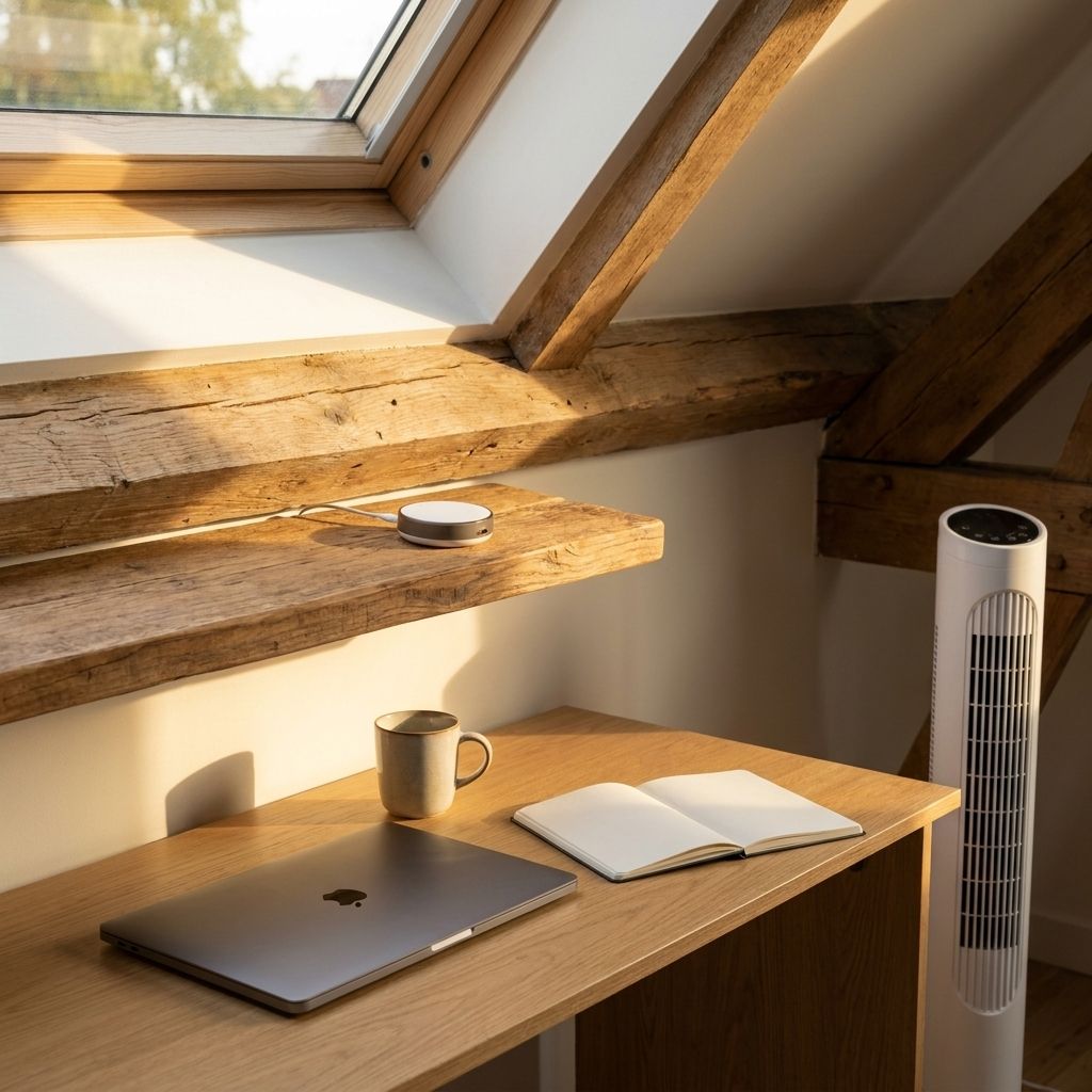 Bureau sous les combles avec ventilateur colonne et boîtier infrarouge sur une étagère murale