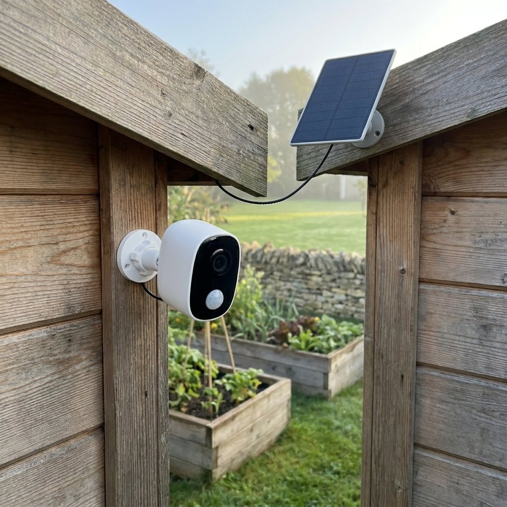 Caméra solaire sur le poteau d'un abri de jardin en bois, face au potager