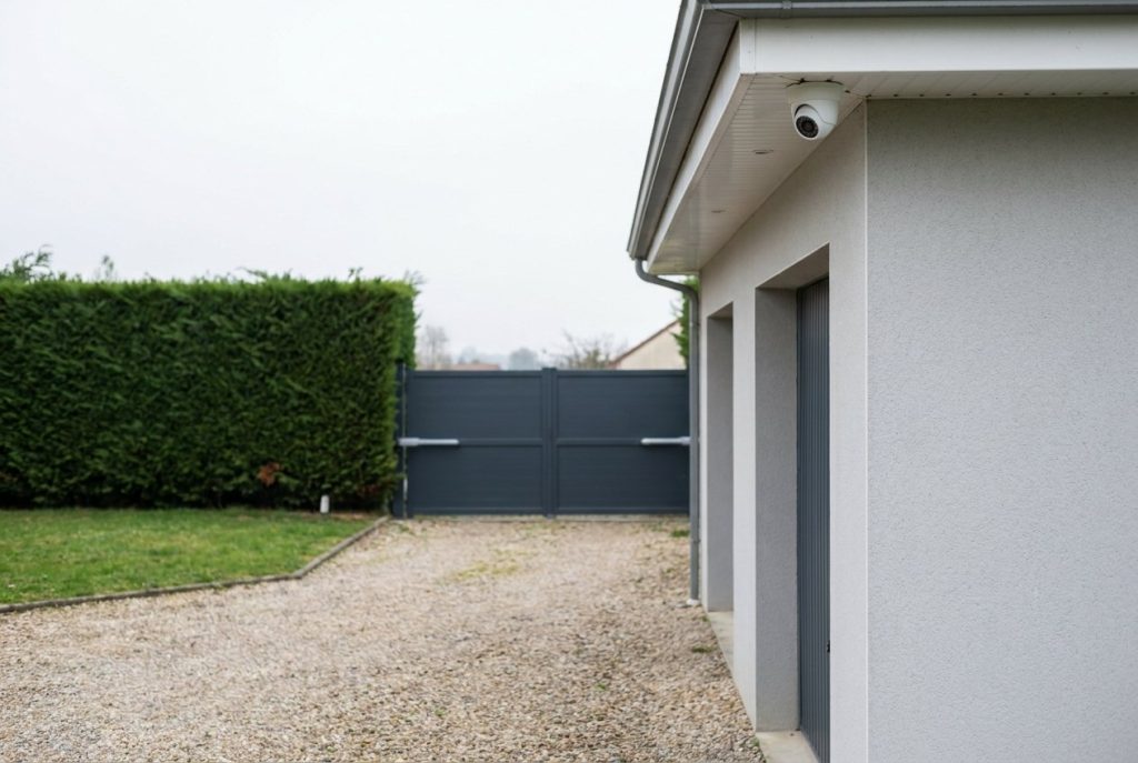 Caméra blanche à l'angle d'un garage, orientée vers une allée gravillonnée bordée d'une haie