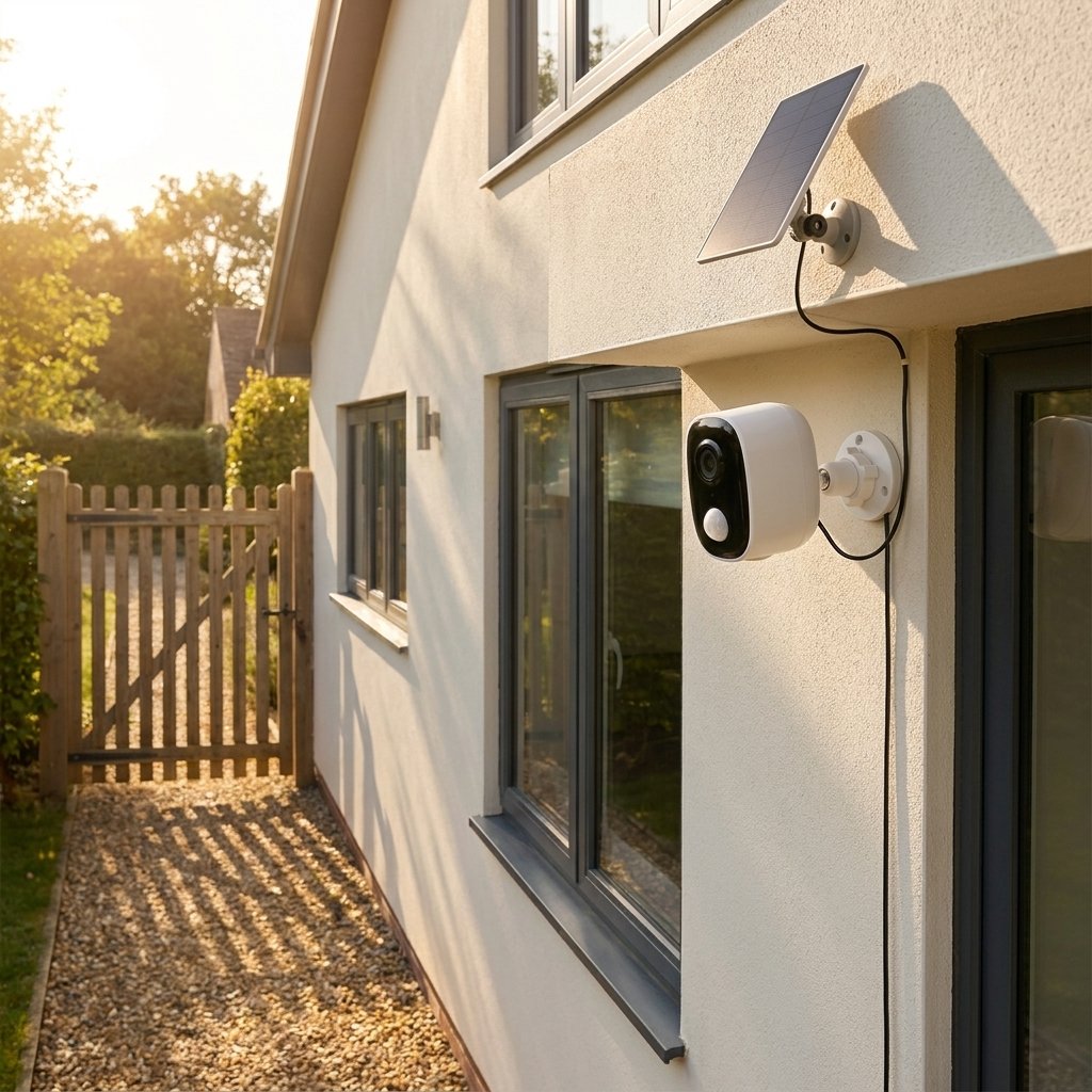 Caméra fixée sous l'avant-toit d'une maison, panneau solaire posé plus haut sur la façade