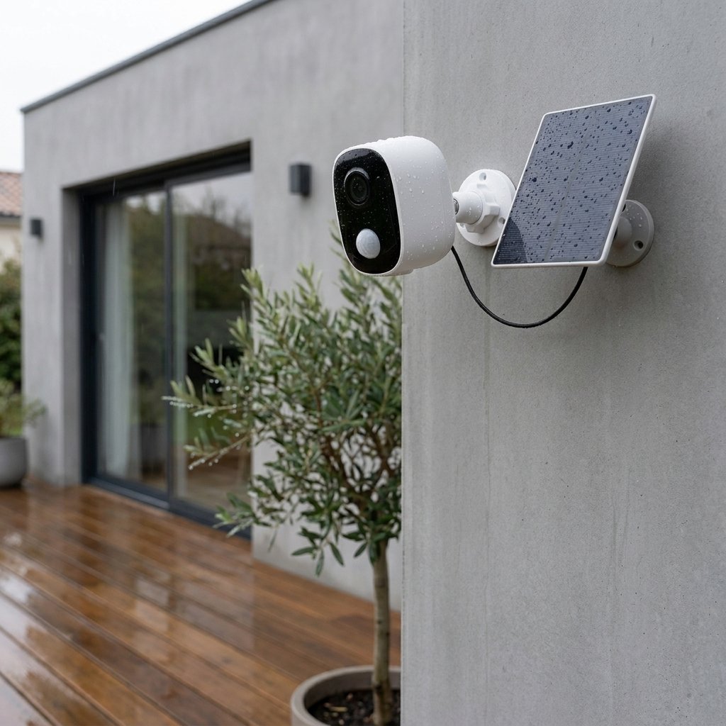 Gouttes de pluie sur une caméra extérieure fixée au-dessus d'une terrasse en bois
