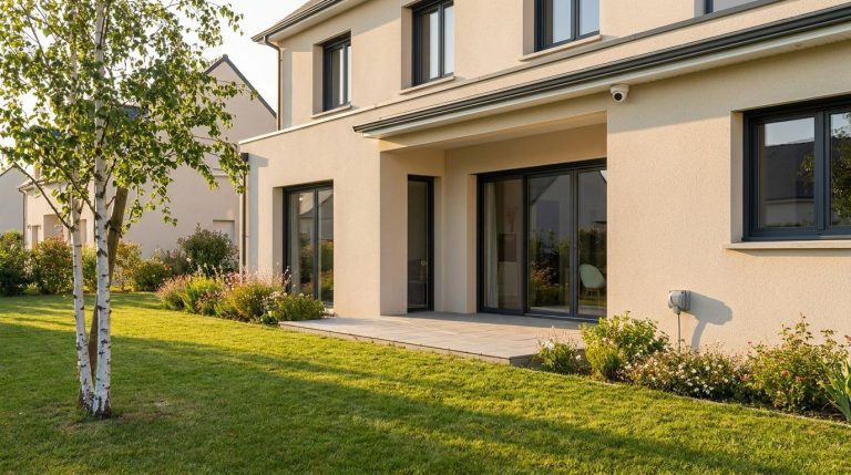 Façade d'une maison contemporaine vue depuis le fond du jardin en fin de journée