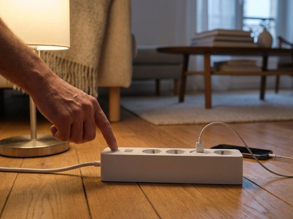 Main appuyant sur le bouton de la multiprise pour tout éteindre en soirée