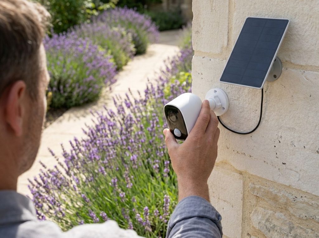 Main orientant la rotule d'une caméra extérieure fixée sur un mur en pierre