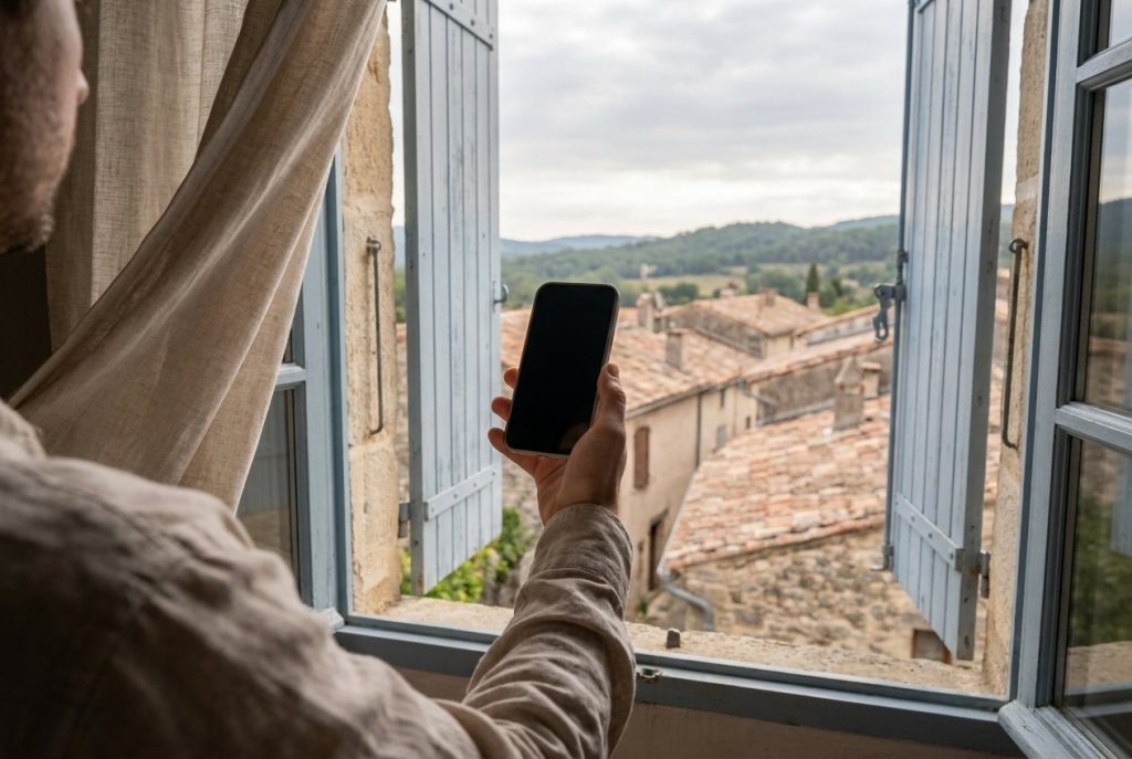 Main tenant un téléphone près d'une fenêtre à volets bleus donnant sur un village