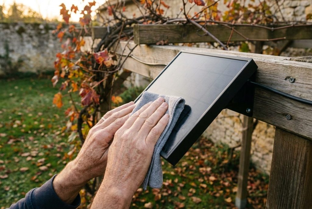 Mains nettoyant avec un chiffon un petit panneau solaire fixé à une pergola