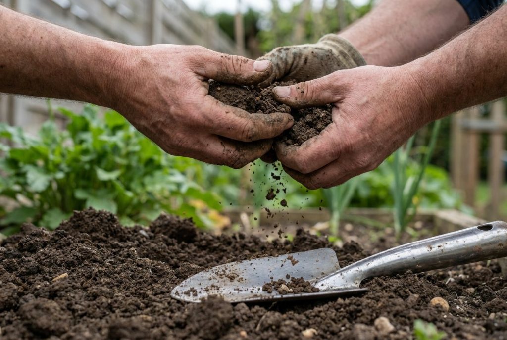 Mains pressant une poignée de terre humide pour reconnaître la texture du sol