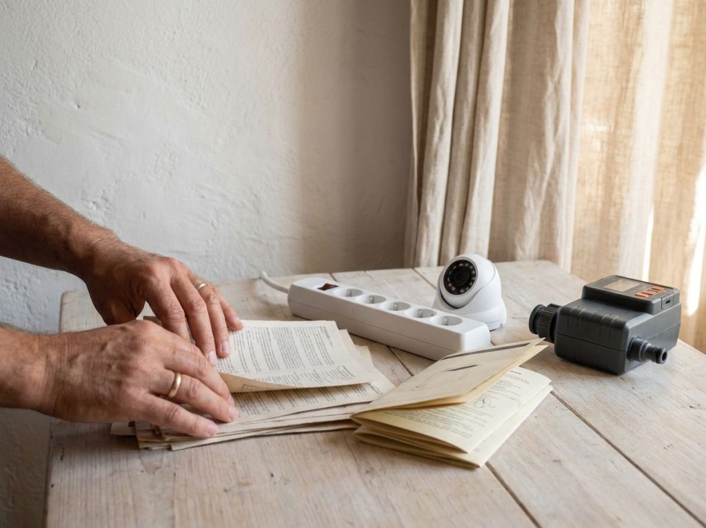 Mains triant des notices imprimées à côté d'une multiprise et d'une petite caméra