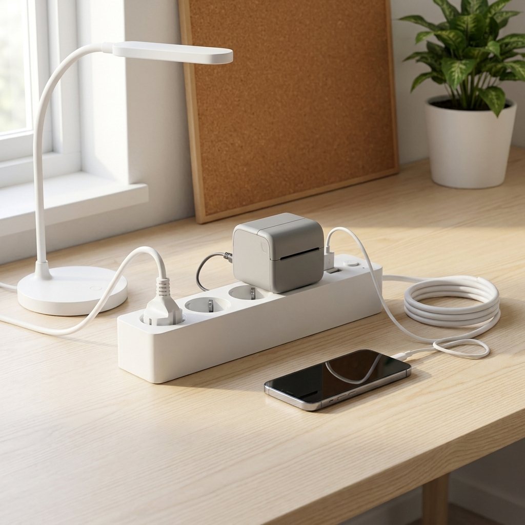 Multiprise sur un bureau en bois avec lampe, imprimante et téléphone en charge par USB