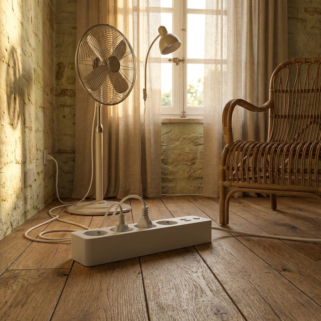 Multiprise au sol d'une chambre alimentant un ventilateur et une lampe de lecture
