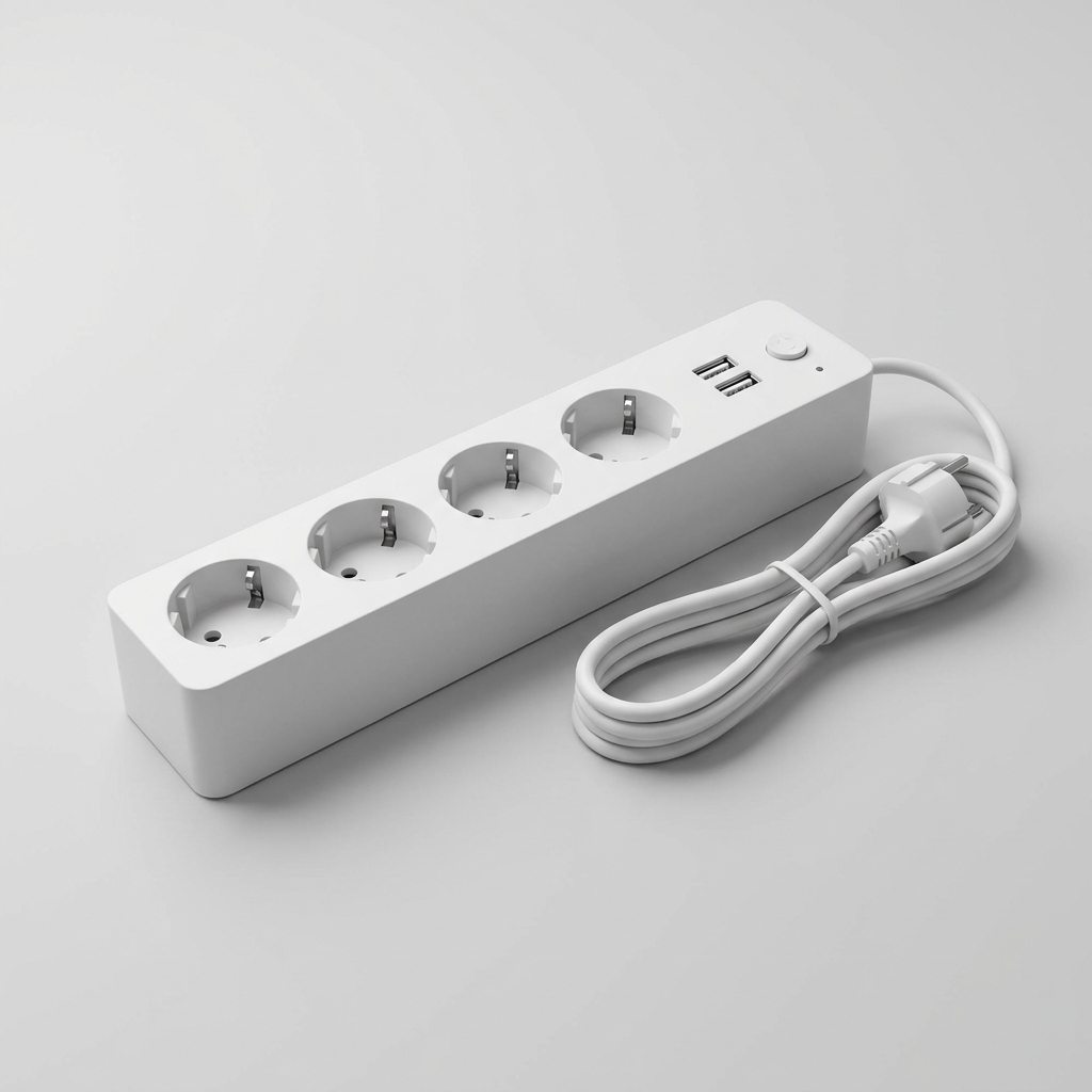 Multiprise connectée blanche à quatre prises françaises et deux ports USB, sur fond gris clair