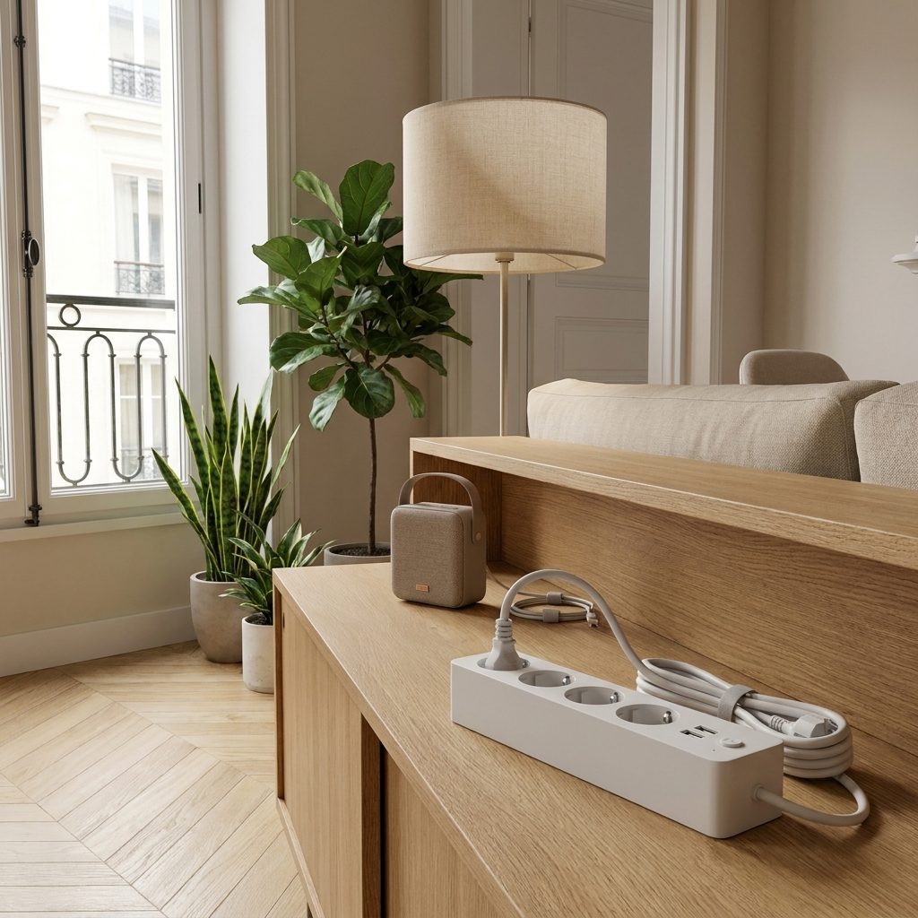Multiprise posée sur le parquet derrière un meuble bas, lampe et enceinte branchées