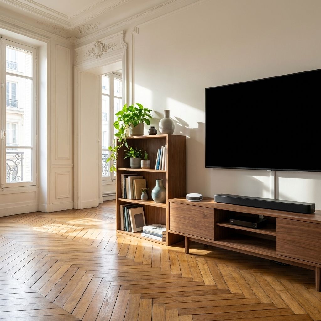 Palet infrarouge posé sur une étagère du salon, orienté vers le téléviseur