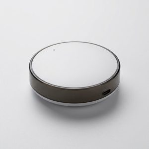 Palet infrarouge Wi-Fi blanc à bande sombre, vu de trois quarts sur fond gris clair