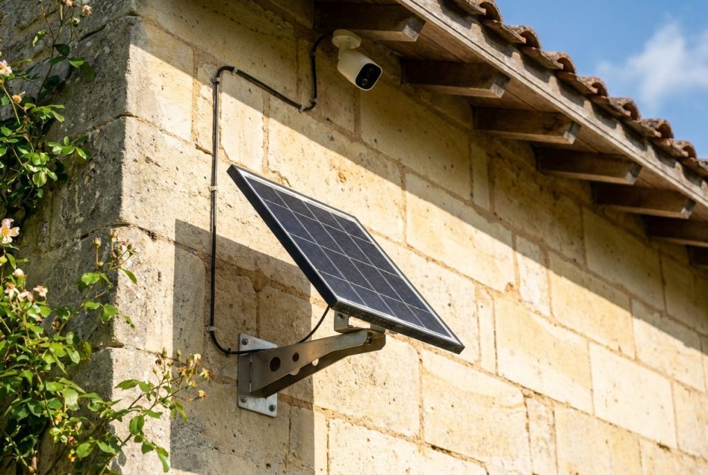 Panneau solaire incliné sur un mur en pierre, relié à une caméra sous l'avant-toit