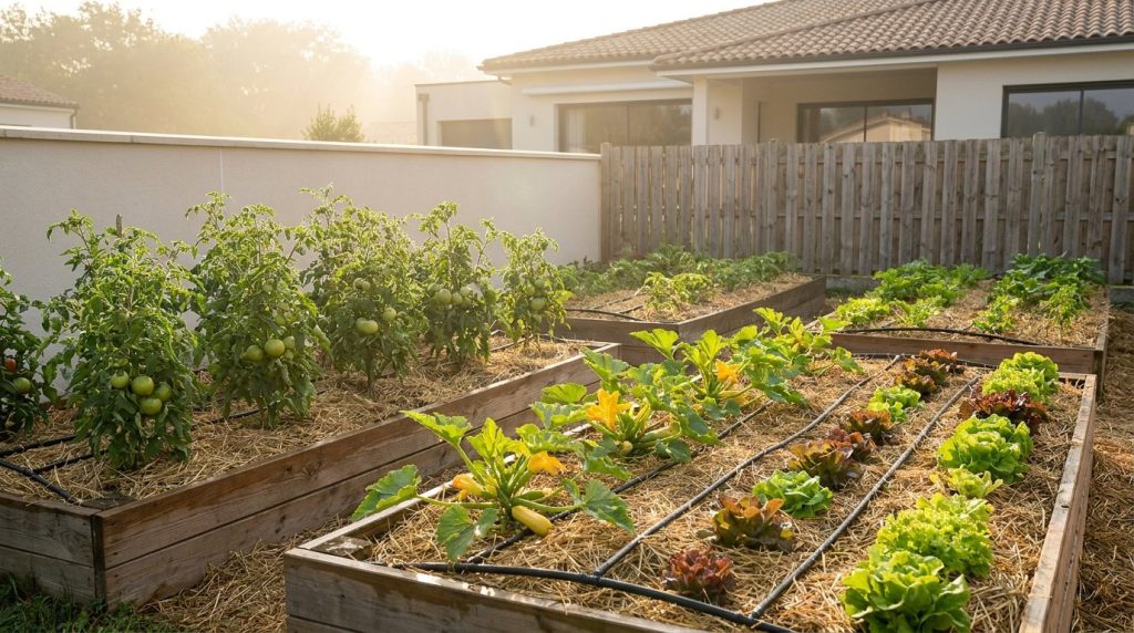 Potager en bacs de bois paillés, arrosé au goutte-à-goutte au lever du soleil