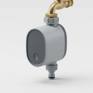 Programmateur d'arrosage connecté gris vu de trois quarts sur fond gris clair