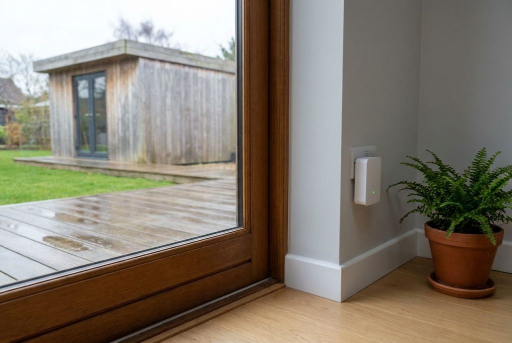 Petit répéteur Wi-Fi branché près d'une porte vitrée donnant sur le jardin