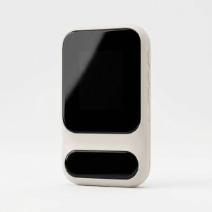Routeur 4G de poche blanc cassé à façade noire, vu de trois quarts