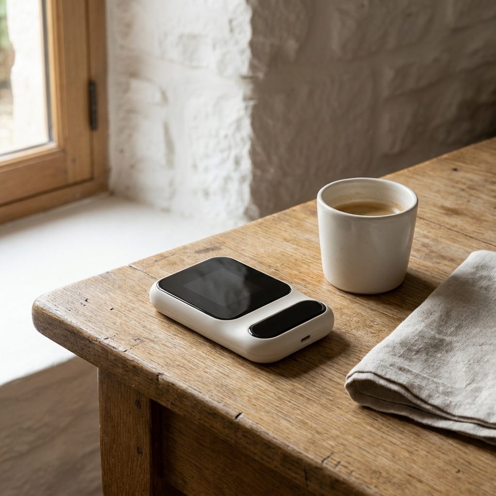 Routeur 4G posé sur une table en chêne dans une cuisine de maison en pierre