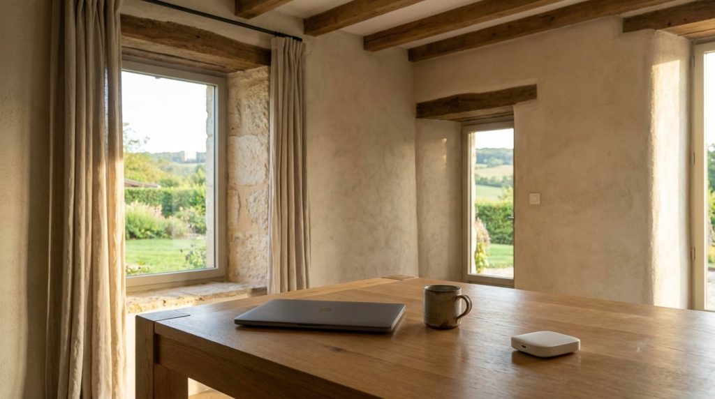 Salon d'une maison de campagne en pierre avec un petit routeur posé sur la table