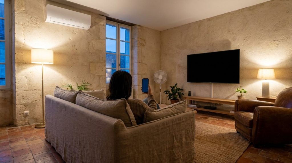Personne de dos sur un canapé, téléphone en main, face au climatiseur du salon