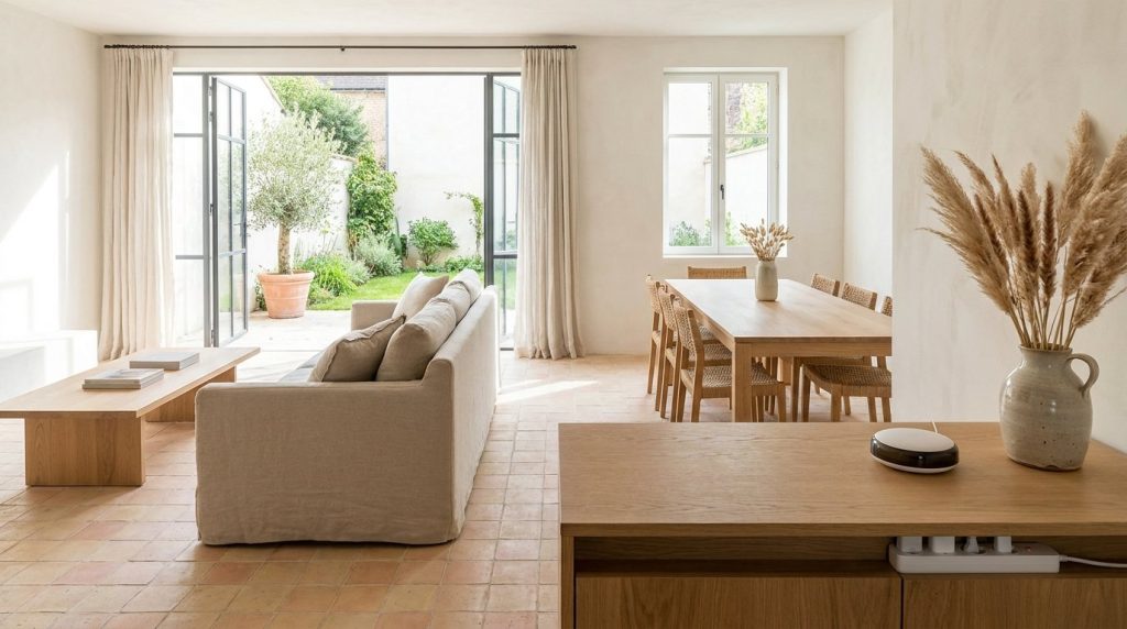 Séjour lumineux au sol en terre cuite, boîtier connecté posé sur un buffet en chêne